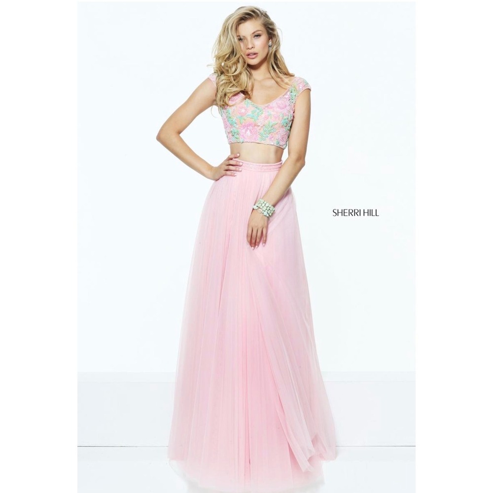Sherri Hill 50932 Pink Floral Beaded Two Piece Gown NWT Size 0
